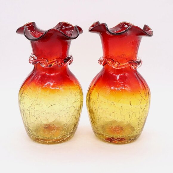 Other - Pair of Blenko Amberina Hand Blown 6.5" Crackle Glass Vase Ruffled Top Vintage